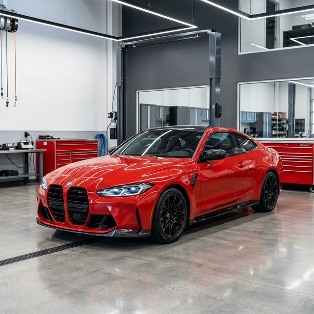 Red BMW M4 in Alpine Motorworks shop