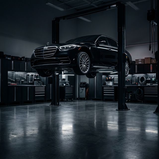 European car on a lift in Alpine Motorworks' modern shop