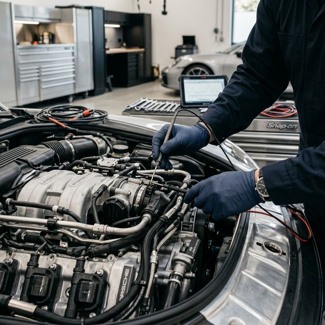 Precision diagnostic work on a Porsche engine